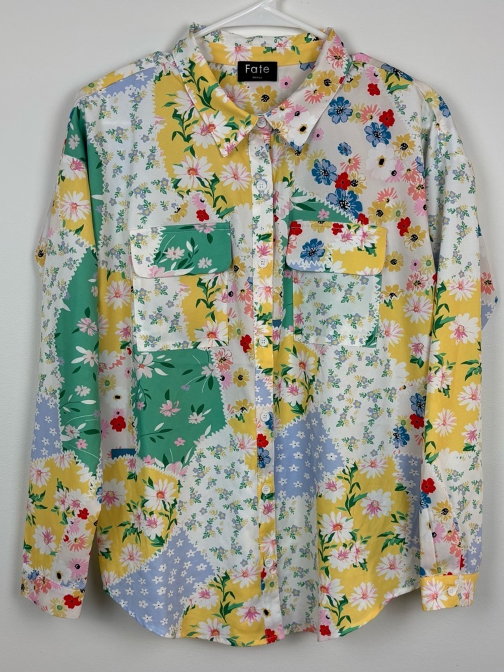 Fate Yellow Green Blue Floral Patchwork Button-Up Shirt Size Small